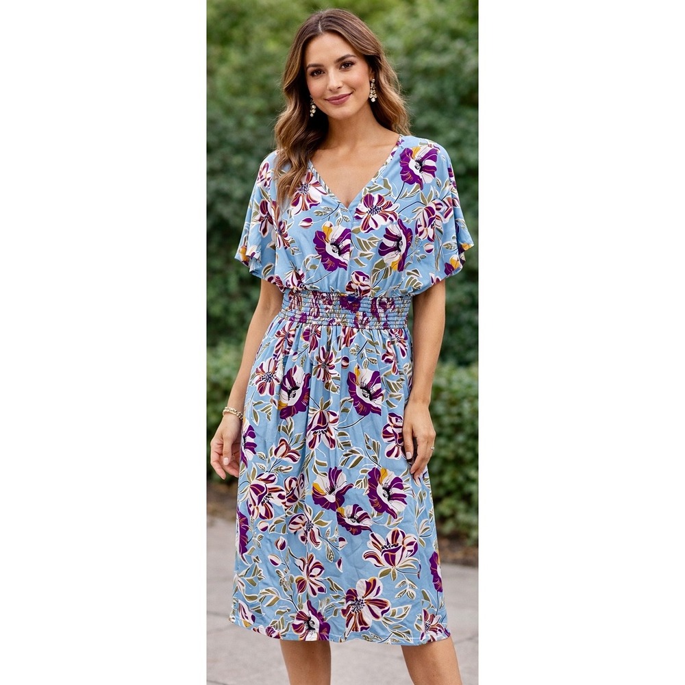 Lily Floral Maxi Dress Blue Boho Smocked Waist Tassel Tie L/XL